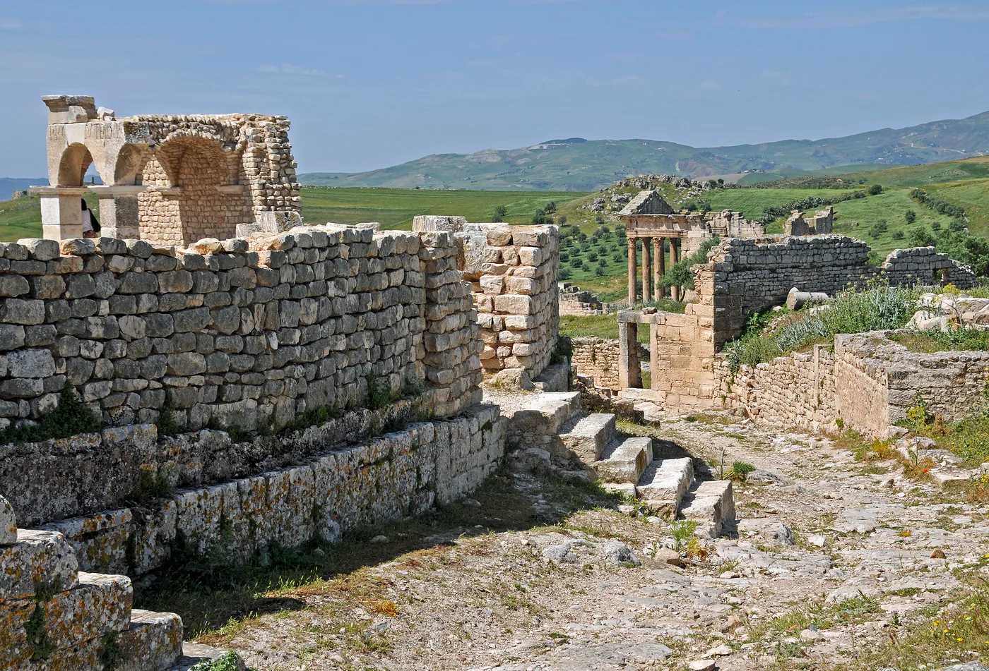 Hilltop view over the Roman ruins of Dougga, Tunisia